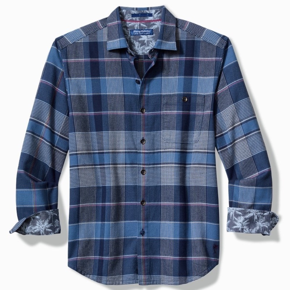 Tommy Bahama Men's Canyon Beach Pebble Cay Plaid Stretch Flannel Shirt EUC